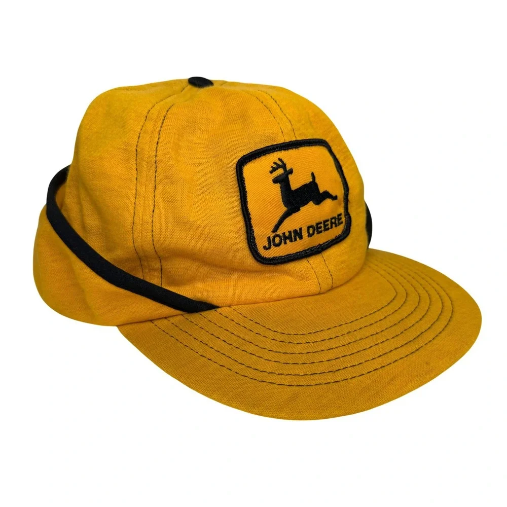 Vintage John Deere Swingster Yellow Trapper Hat Winter Ear Flap Cap USA Made XL